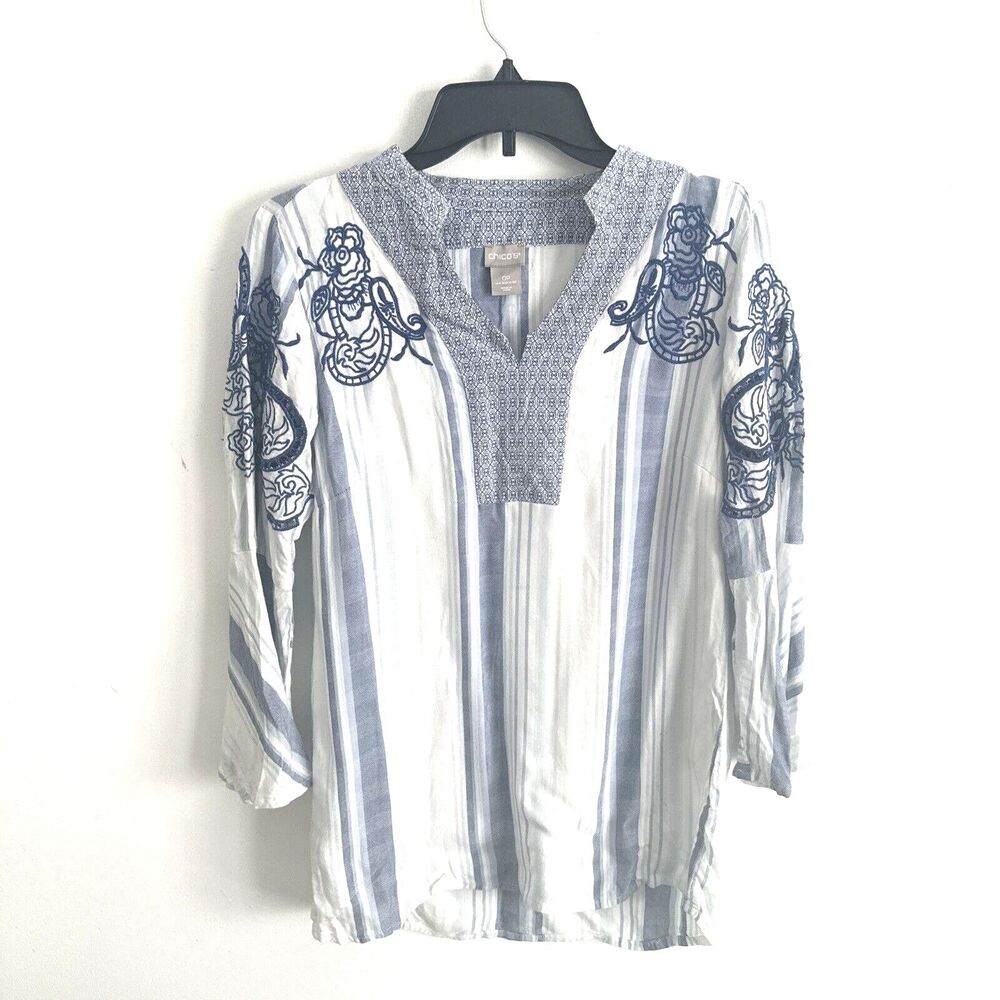 Chico's V-Neck Top Blue & White Striped Floral Shirt Embroidered Bell Sleeve